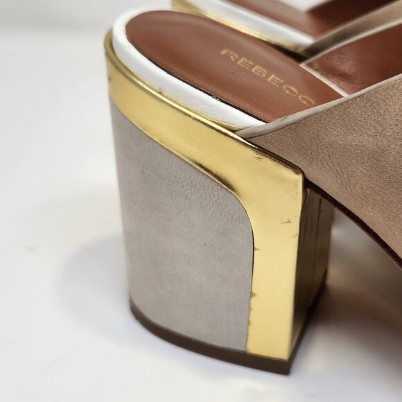 Rebecca Minkoff White Brown Metallic Leather Suede Mule Sandals Heels Size 7 M - Picture 2 of 11
